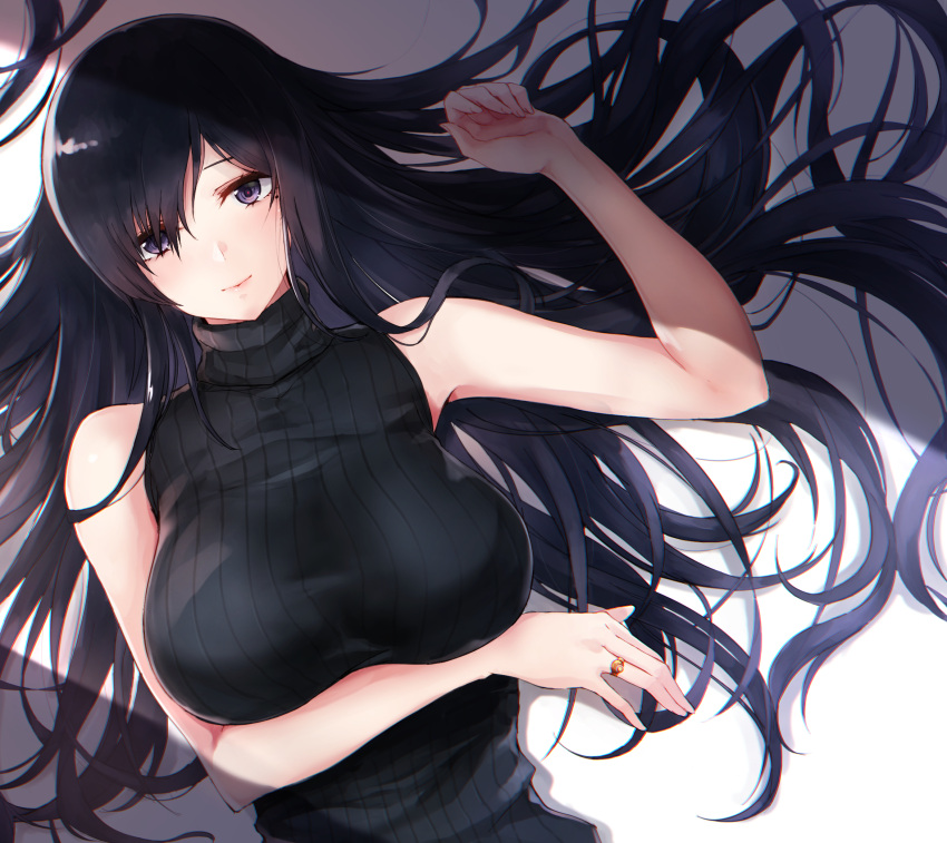 1girl alice_gear_aegis arm_under_breasts bangs bare_shoulders black_eyes black_hair black_sweater breast_hold breasts closed_mouth commentary_request fingernails hair_between_eyes hand_on_own_stomach highres jewelry kagome_misaki large_breasts lips long_hair long_sleeves looking_at_viewer lying mole mole_under_eye on_back puru_(ex-150) ribbed_sweater ring shade sidelocks sleeveless sleeveless_sweater sleeveless_turtleneck smile solo sweater turtleneck turtleneck_sweater very_long_hair