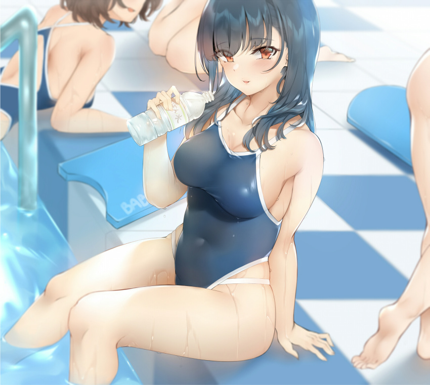 :d arm_at_side ass bababababan bangs bare_arms bare_shoulders barefoot black_hair blue_swimsuit blush bottle breasts brown_eyes collarbone commentary_request covered_navel day eyebrows_visible_through_hair feet hair_between_eyes hand_up highleg highleg_swimsuit highres holding holding_bottle long_hair looking_at_viewer medium_breasts one-piece_swimsuit open_mouth original outdoors parted_lips partially_submerged pool pool_ladder poolside school_swimsuit sidelocks sitting smile soles swimsuit wading walking water water_bottle water_drop wet wet_clothes wet_swimsuit