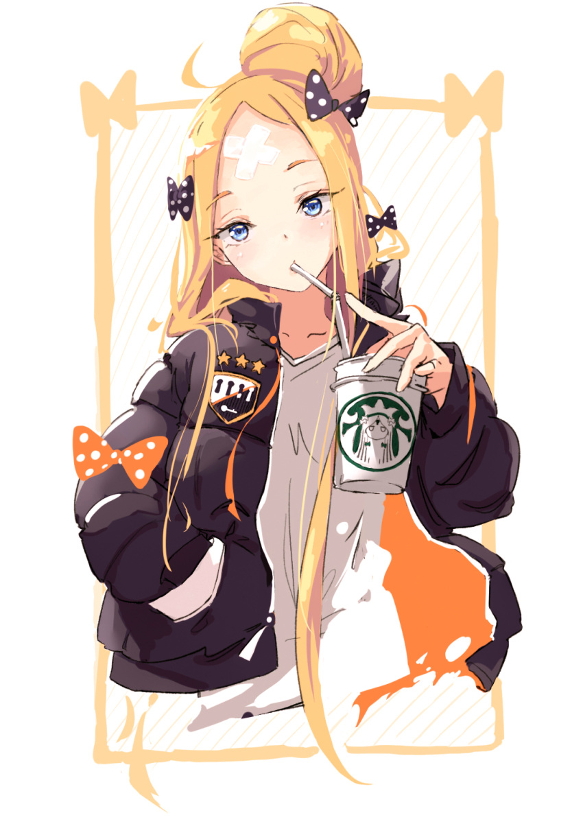 1girl abigail_williams_(fate/grand_order) bandaid_on_forehead bangs bendy_straw black_bow black_jacket blonde_hair blue_eyes blush bow closed_mouth coffee_cup collarbone cropped_torso crossed_bandaids cup disposable_cup drinking drinking_straw fate/grand_order fate_(series) forehead hair_bow hair_bun head_tilt heroic_spirit_traveling_outfit highres holding holding_cup jacket long_hair long_sleeves looking_at_viewer miaohik multiple_bows open_clothes open_jacket orange_bow parted_bangs polka_dot polka_dot_bow revision shirt solo star upper_body very_long_hair white_background white_shirt