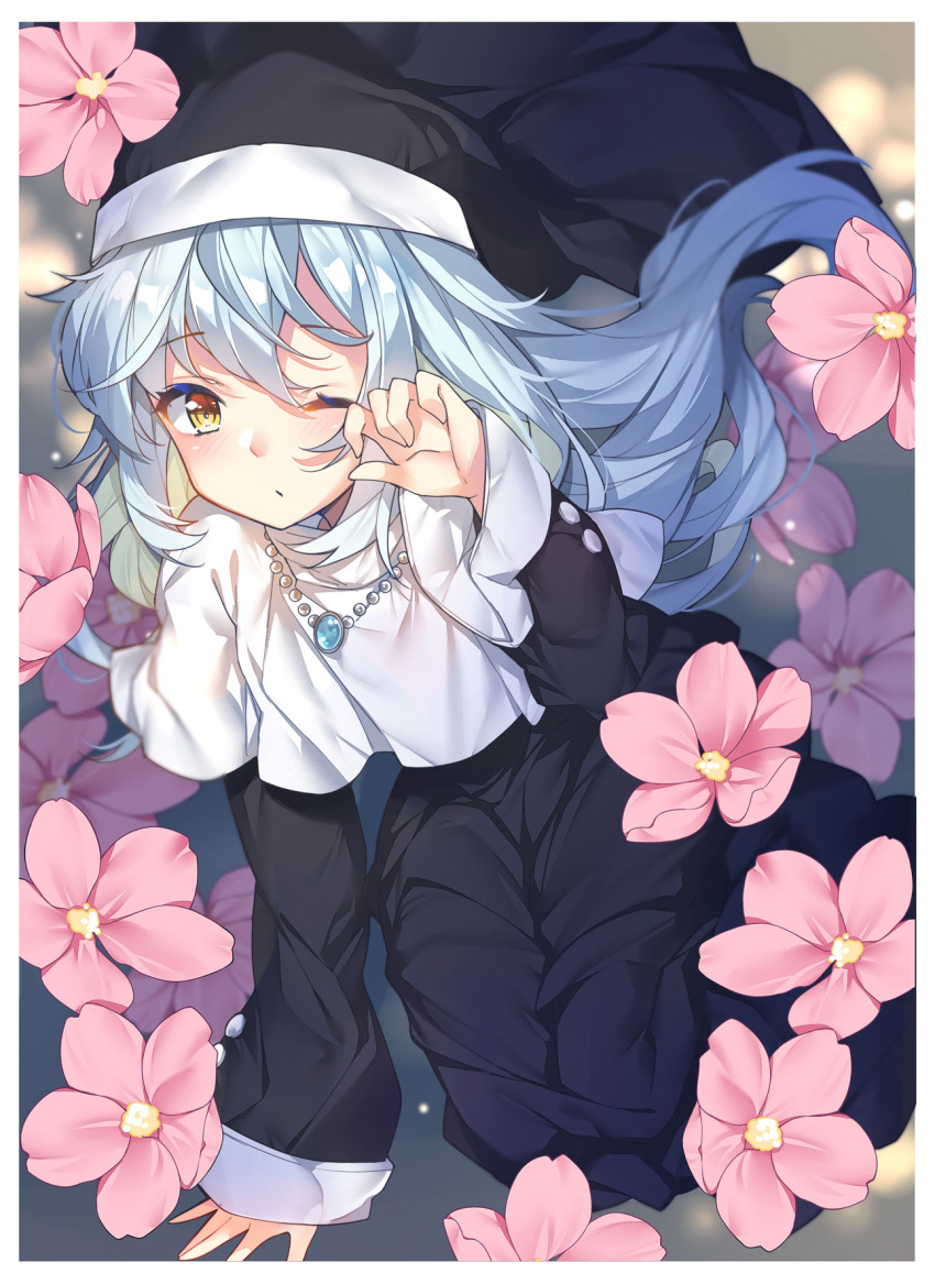 1girl arm_support bangs black_robe blush duel_monster eyebrows_visible_through_hair floral_background flower full_body ghost_sister_&amp;_spooky_dogwood grey_hair habit highres jewelry kikistark light_particles long_hair looking_at_viewer necklace nun one_eye_closed robe rubbing_eyes sidelocks sitting sleeves_past_wrists solo symbol_commentary veil yellow_eyes yokozuwari yuu-gi-ou