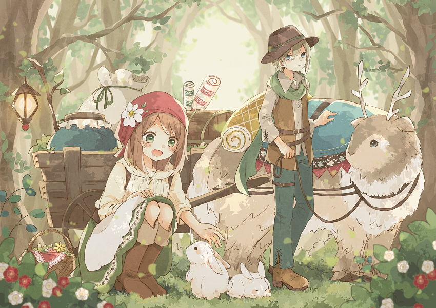 1boy 1girl :d absurdres animal antlers apron basket beast blonde_hair blue_eyes boots brown_hair bucket_hat cardigan cart commentary fang fantasy flower forest grass green_eyes hat head_scarf highres huge_filesize jar knee_boots lantern light_smile long_sleeves nature open_mouth original outdoors pants plant pullcart rabbit sack scarf scroll skin_fang skirt smile squatting standing treasure_chest tree tukimisou0225 vest wagon