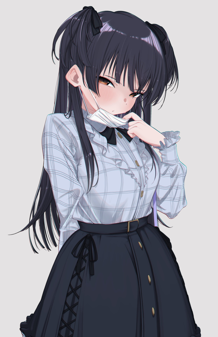 1girl absurdres bangs black_hair black_skirt blue_shirt blunt_bangs blush bouen breasts brown_eyes buttons chromatic_aberration closed_mouth cowboy_shot gradient gradient_background grey_background high-waist_skirt highres idolmaster idolmaster_shiny_colors long_hair long_sleeves looking_at_viewer mayuzumi_fuyuko medium_breasts shirt skirt solo standing surgical_mask sweat two_side_up