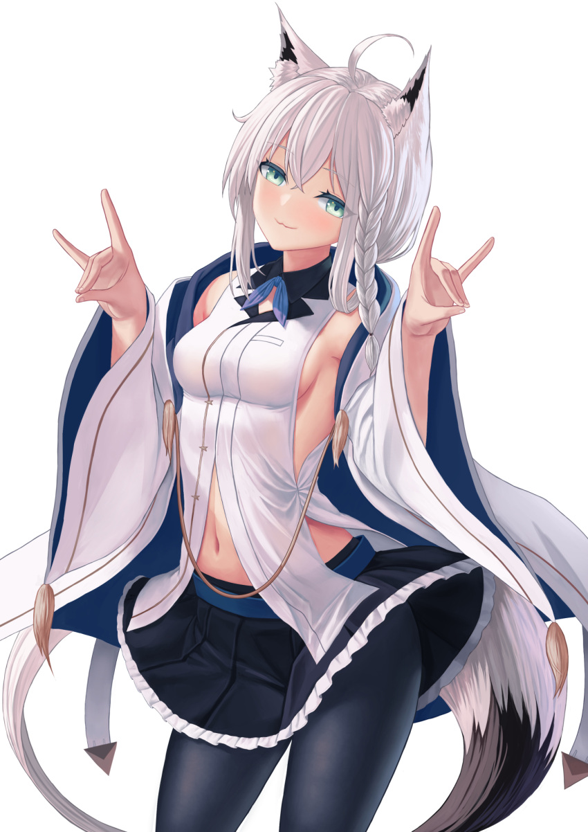 1girl :3 ahoge animal_ear_fluff animal_ears arisku azur_lane bangs black_legwear black_skirt braid breasts closed_mouth commentary_request double_fox_shadow_puppet eyebrows_visible_through_hair fox_ears fox_girl fox_shadow_puppet fox_tail frilled_skirt frills green_eyes hair_between_eyes hands_up highres hololive long_hair long_sleeves looking_at_viewer medium_breasts navel pantyhose pleated_skirt shirakami_fubuki simple_background skirt solo tail virtual_youtuber white_background white_hair wide_sleeves