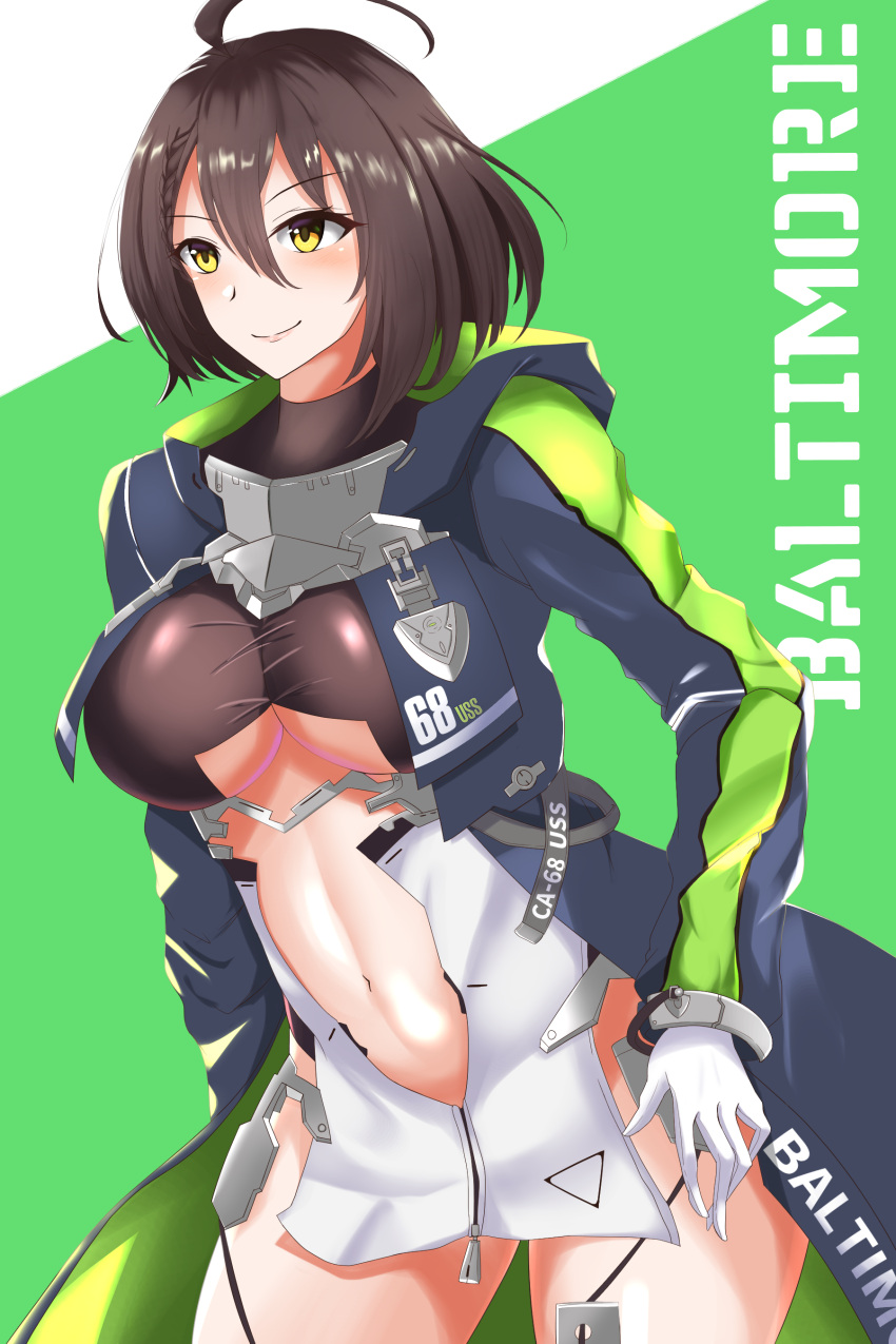 1girl absurdres ahoge azur_lane baltimore_(azur_lane) bangs blue_coat braid breasts brown_hair center_opening character_name coat commentary_request core1013 cowboy_shot eyebrows_visible_through_hair french_braid garter_straps gloves green_background hair_between_eyes highres hood hood_down hooded_coat large_breasts leaning_forward long_sleeves looking_to_the_side midriff_cutout multicolored_coat navel open_clothes open_coat shiny shiny_clothes shiny_skin short_hair smile solo two-tone_background under_boob underboob_cutout white_background white_gloves yellow_eyes zipper