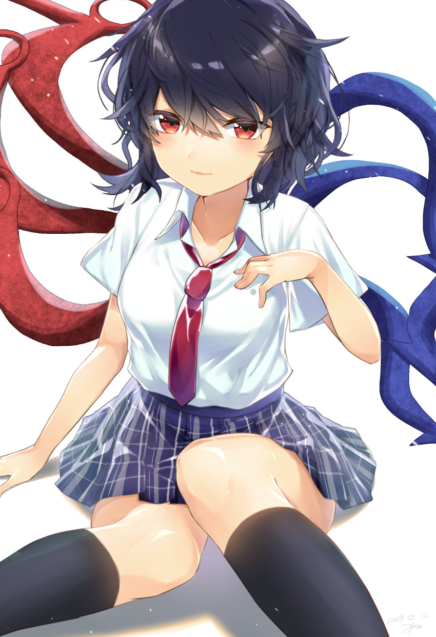 1girl asymmetrical_wings bangs black_hair black_legwear blue_skirt blue_wings blush collarbone commentary_request eyebrows_visible_through_hair feet_out_of_frame hair_between_eyes hand_on_own_chest hand_up highres houjuu_nue kisamu_(ksmz) kneehighs looking_at_viewer miniskirt necktie plaid plaid_skirt red_eyes red_neckwear red_wings shadow shirt short_hair short_sleeves simple_background sitting skirt smile solo touhou white_background white_shirt wing_collar wings