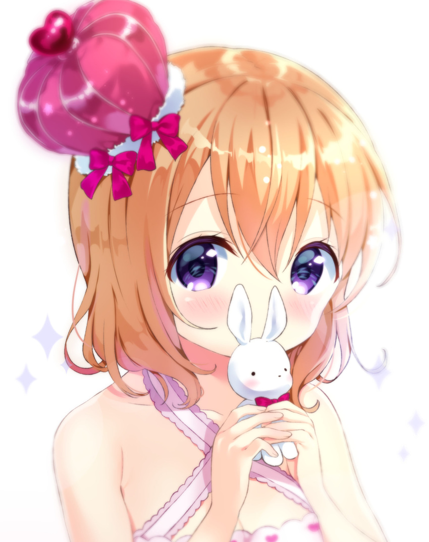 1girl absurdres bangs bare_arms bare_shoulders blurry blush bow brown_hair collarbone commentary_request covered_mouth crown dress eyebrows_visible_through_hair gochuumon_wa_usagi_desu_ka? hair_between_eyes hands_up heart highres holding holding_stuffed_animal hoto_cocoa looking_at_viewer mini_crown neki_(wakiko) pink_dress purple_bow sleeveless sleeveless_dress solo stuffed_animal stuffed_bunny stuffed_toy tilted_headwear upper_body violet_eyes