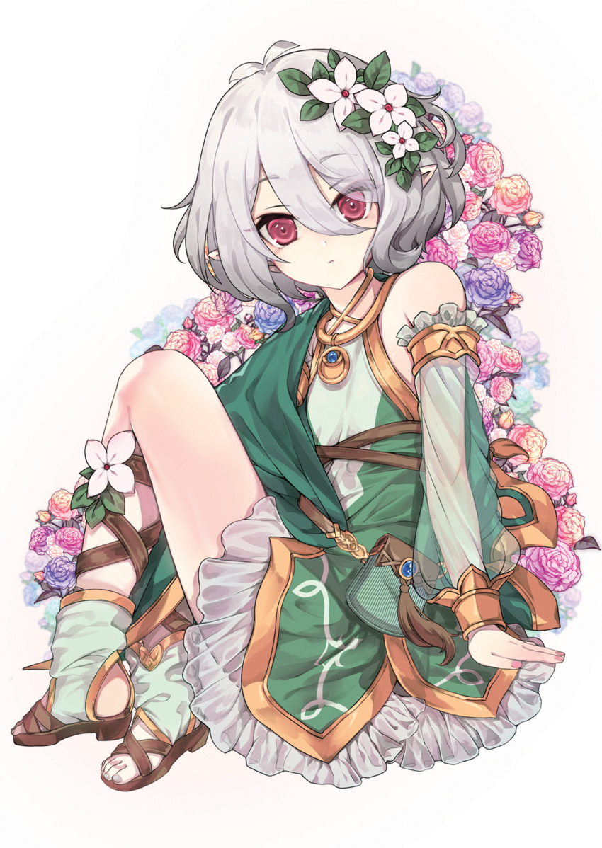 1girl crossed_ankles dress flat_chest flower frilled_dress frills green_dress grey_hair grey_nails hair_between_eyes hair_flower hair_ornament highres knees_up kogasaka kokkoro_(princess_connect!) looking_at_viewer pink_nails pouch princess_connect! red_eyes sandals see-through short_hair simple_background sitting solo white_background