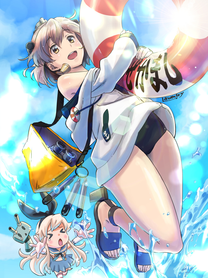 &gt;_&lt; 2girls alternate_costume anchor_symbol bag black_swimsuit blue_sky brown_eyes brown_hair character_name chasing clouds commentary_request day drawstring headgear headset highres hood hooded_jacket hoodie jacket kantai_collection lifebuoy looking_at_viewer multiple_girls open_mouth outdoors randorii rensouhou-chan round_teeth sandals school_uniform shimakaze_(kantai_collection) short_hair sky smile solo_focus speaking_tube_headset swimsuit teeth translation_request upper_teeth white_jacket yukikaze_(kantai_collection)