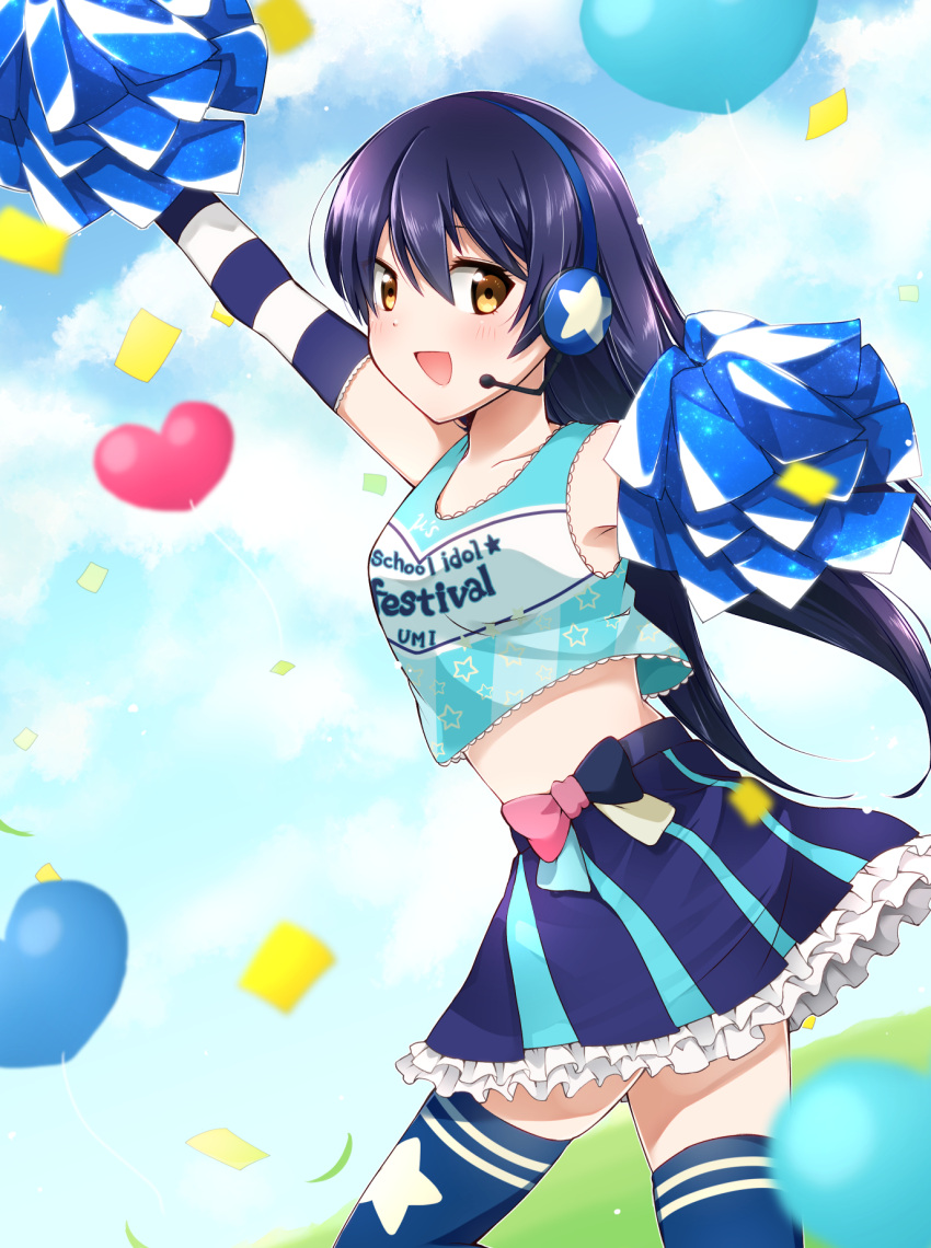 1girl arm_up arms_up bangs bare_shoulders blue_hair blue_legwear blush cheering cheerleader commentary_request cowboy_shot crop_top elbow_gloves from_side gloves hair_between_eyes headset highres long_hair looking_at_viewer love_live! love_live!_school_idol_project midriff misoradeko navel polka_dot_skirt pom_poms skirt smile solo sonoda_umi striped striped_gloves takaramonozu thigh-highs yellow_eyes