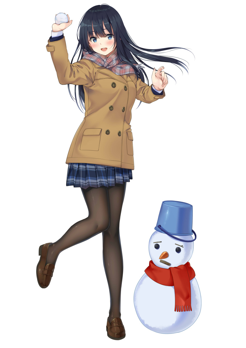 1girl :d absurdres black_hair black_legwear blue_eyes blue_skirt blush brown_coat brown_footwear coat commentary_request full_body highres holding_snowball leg_up loafers long_hair looking_at_viewer open_mouth original pantyhose plaid plaid_skirt scarf school_uniform shoes simple_background skirt smile snowball snowman solo unasaka_ryou white_background
