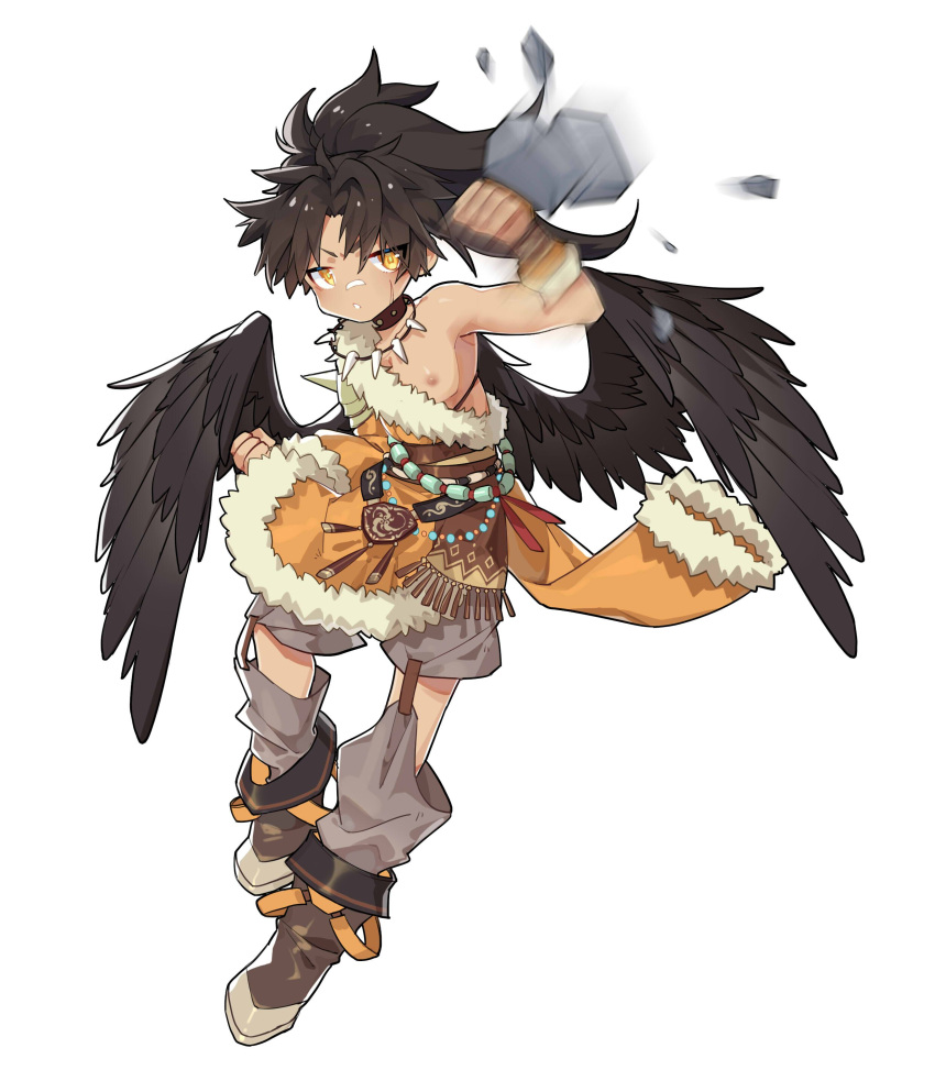 1boy absurdres belt black_hair black_wings bone_necklace boots brick chestnut_mouth clenched_hand collar deflecting feathered_wings full_body fur_trim hand_up highres ibex jewelry looking_at_viewer male_focus motion_blur necklace off_shoulder original punching simple_background solo standing studded_collar white_background wings yellow_eyes