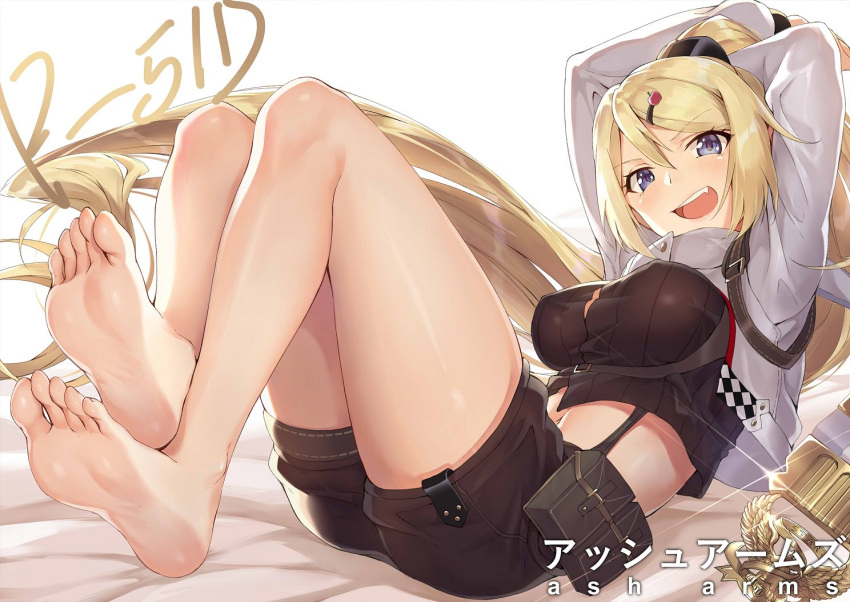 1girl arms_up ash_arms barefoot blonde_hair breasts commentary_request copyright_name fengsao_hua_tanzhang hair_between_eyes hair_ornament hairclip long_hair lying midriff p-51a_(ash_arms) ponytail shorts simple_background solo violet_eyes white_background