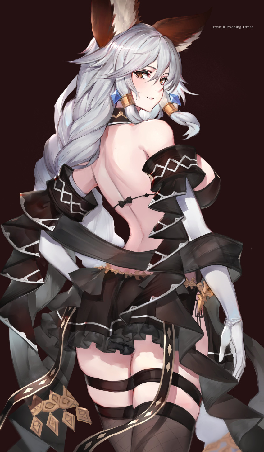 1girl absurdres animal_ears ass back backless_dress backless_outfit bangs bare_back bare_shoulders black_dress black_legwear blush braid breasts brown_background brown_eyes cat_ears dress earrings elbow_gloves erune gloves granblue_fantasy hair_between_eyes hair_intakes hair_tubes heles highres jewelry large_breasts long_hair looking_at_viewer looking_back oyu_(sijimisizimi) sidelocks silver_hair single_braid smile solo thigh-highs thighs white_gloves yellow_eyes