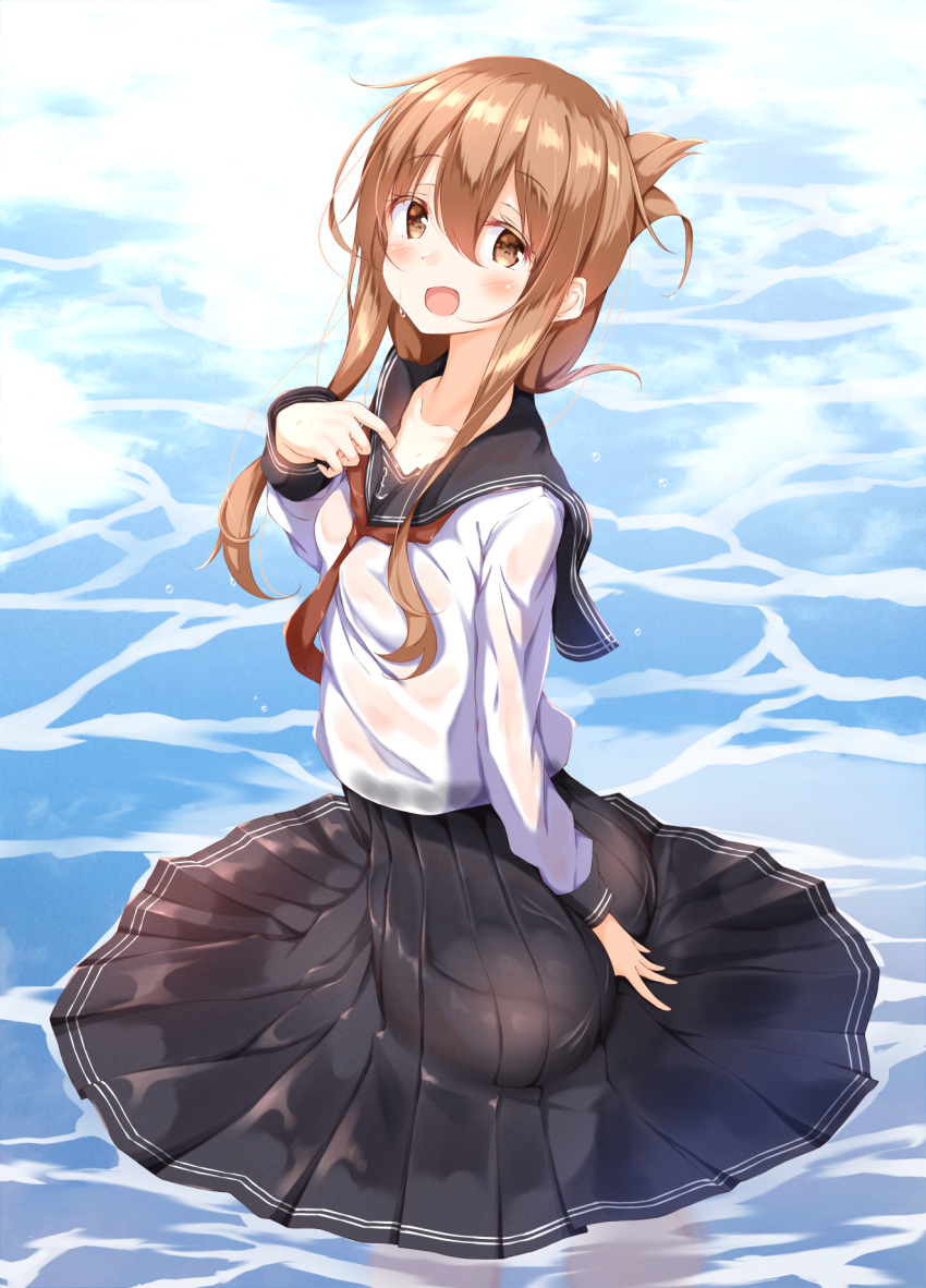 1girl :d ass bad_anatomy bad_ass black_sailor_collar black_skirt blush brown_eyes brown_hair commentary_request eyebrows_visible_through_hair folded_ponytail hair_between_eyes highres inazuma_(kantai_collection) kantai_collection long_hair long_neck long_sleeves neckerchief numpopo open_mouth partially_submerged pleated_skirt red_neckwear sailor_collar school_uniform serafuku skirt smile solo water