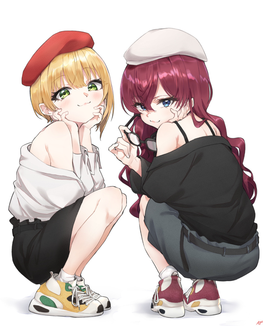 2girls :3 applepie_(12711019) barefoot belt beret black_belt black_shirt black_skirt blonde_hair blue_eyes blush eyebrows_visible_through_hair full_body glasses green_eyes grey_skirt hands_on_own_cheeks hands_on_own_face hat highres holding holding_eyewear ichinose_shiki idolmaster idolmaster_cinderella_girls idolmaster_cinderella_girls_starlight_stage long_hair long_sleeves looking_at_viewer looking_back miyamoto_frederica multiple_girls naughty_face off-shoulder_shirt off_shoulder purple_hair red_headwear shirt shoes short_hair skirt smug sneakers squatting wavy_hair white_background white_headwear white_shirt