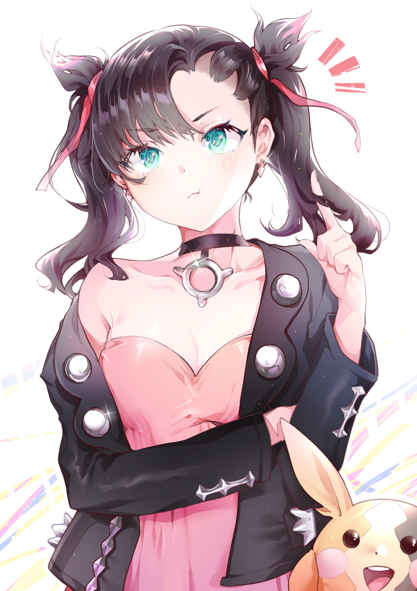 1girl :d :t asymmetrical_bangs bangs bare_shoulders black_choker black_hair black_jacket blush breasts choker closed_mouth collarbone commentary_request cpqm dress eyebrows_visible_through_hair gen_8_pokemon green_eyes hair_ribbon hair_twirling highres jacket long_hair long_sleeves mary_(pokemon) morpeko notice_lines off_shoulder open_clothes open_jacket open_mouth pink_dress pokemon pokemon_(creature) pokemon_(game) pokemon_swsh pout red_ribbon ribbon small_breasts smile strapless strapless_dress twintails v-shaped_eyebrows white_background