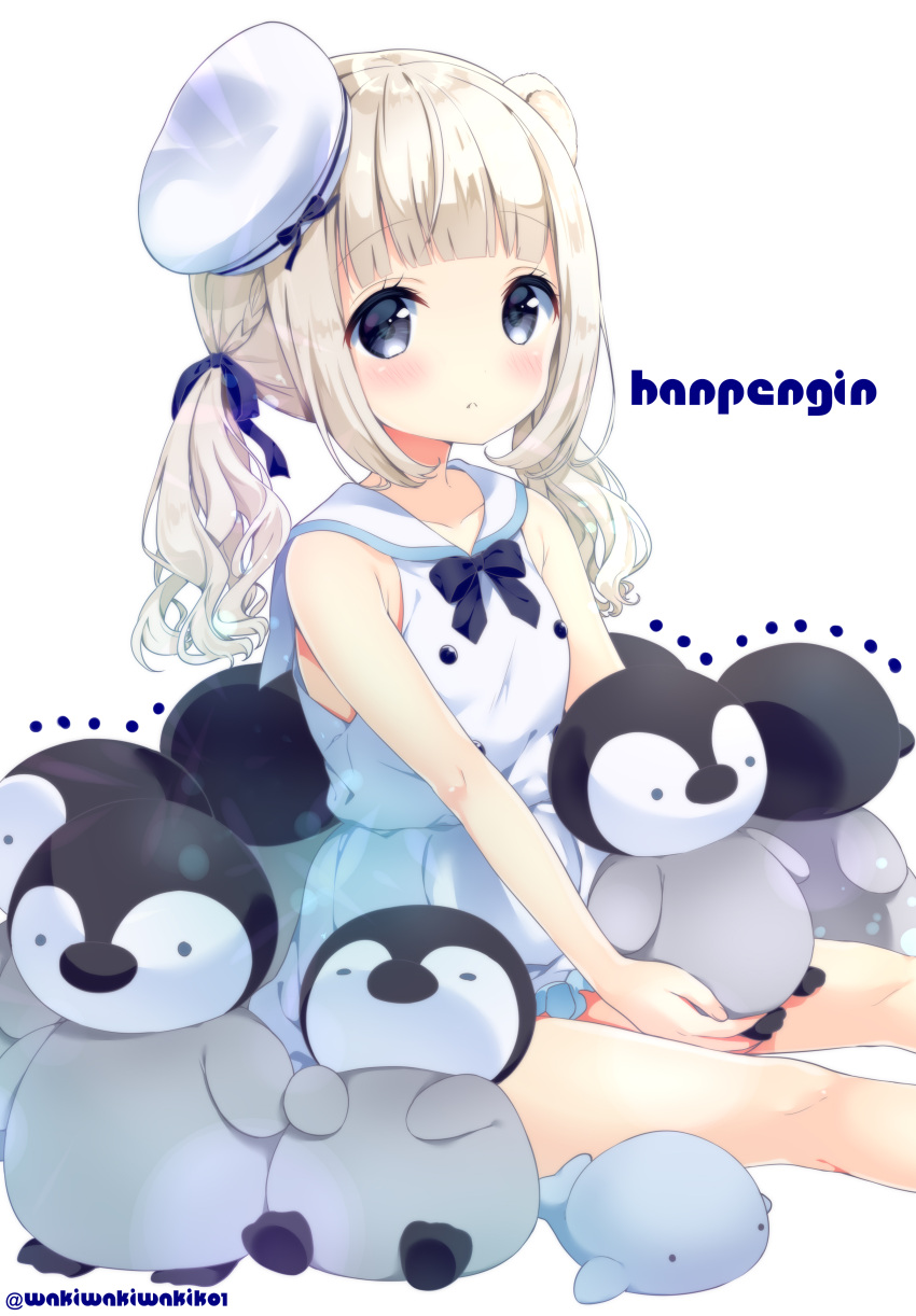 1girl absurdres animal_ears beret black_bow black_ribbon blush bow braid commentary_request dress feet_out_of_frame ferret_ears grey_eyes grey_hair hair_ribbon hat highres holding holding_stuffed_animal long_hair low_twintails neki_(wakiko) original ribbon sailor_collar sailor_dress simple_background sitting sleeveless sleeveless_dress solo stuffed_animal stuffed_penguin stuffed_toy stuffed_whale tilted_headwear twintails twitter_username white_background white_dress white_headwear white_sailor_collar