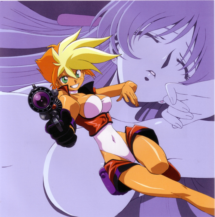 blonde_hair breasts choker closed_eyes dark_skin dirty_pair dirty_pair_flash gloves green_eyes gun hair_ribbon hair_ribbons highres kei_(dirty_pair) long_hair multicolored_hair orange_hair purple_hair ribbon ribbons short_hair smile tan thigh-highs thighhighs thighs two-tone_hair two_tone_hair under_boob underboob very_long_hair weapon yuri_(dirty_pair)