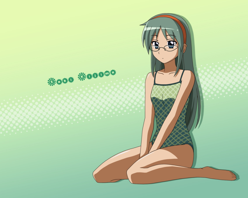 blue_eyes casual_one-piece_swimsuit glasses green_eyes green_hair hairband hayate_no_gotoku! kijima_saki long_hair one-piece_swimsuit sitting swimsuit wallpaper wariza