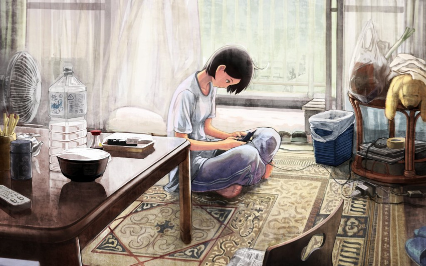 1680x1050 bottle crossed_legs electric_fan girls_playing_games highres indian_style indoors legs_crossed living_room newspaper nintendo_ds on_floor original playing_games remote room scenery shirakaba sitting solo stuffed_animal stuffed_toy t-shirt video_game wallpaper