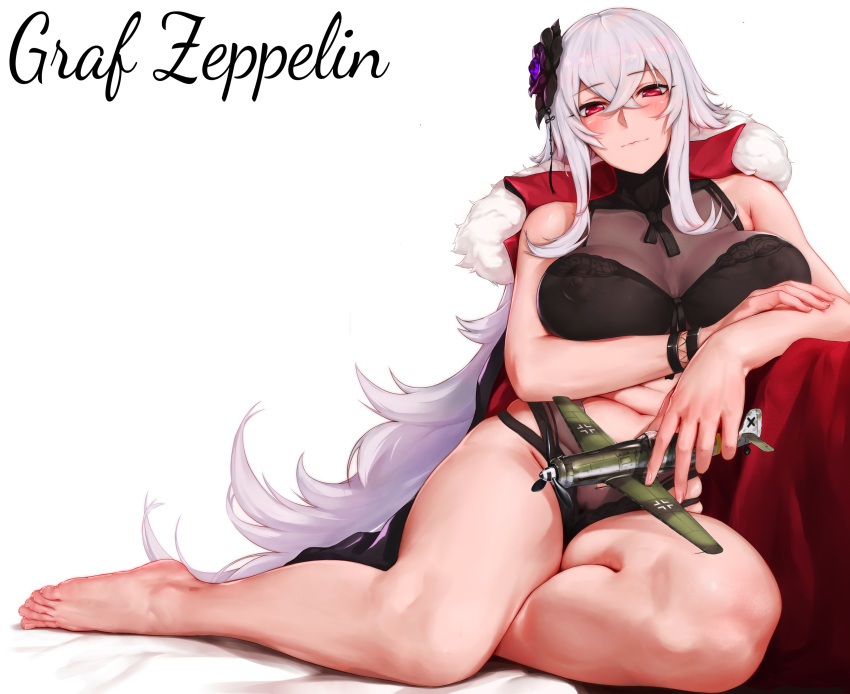 1girl absurdres azur_lane bangs bare_shoulders barefoot black_flower black_rose black_swimsuit blush breasts character_name coat crossed_bangs feet flower fur-trimmed_coat fur_trim graf_zeppelin_(azur_lane) graf_zeppelin_(beachside_urd)_(azur_lane) hair_between_eyes hair_flower hair_ornament highres jacket_on_shoulders large_breasts legs long_hair looking_at_viewer navel navel_cutout one-piece_swimsuit red_eyes rosaline rose sidelocks silver_hair simple_background smile solo swimsuit thighs very_long_hair white_background