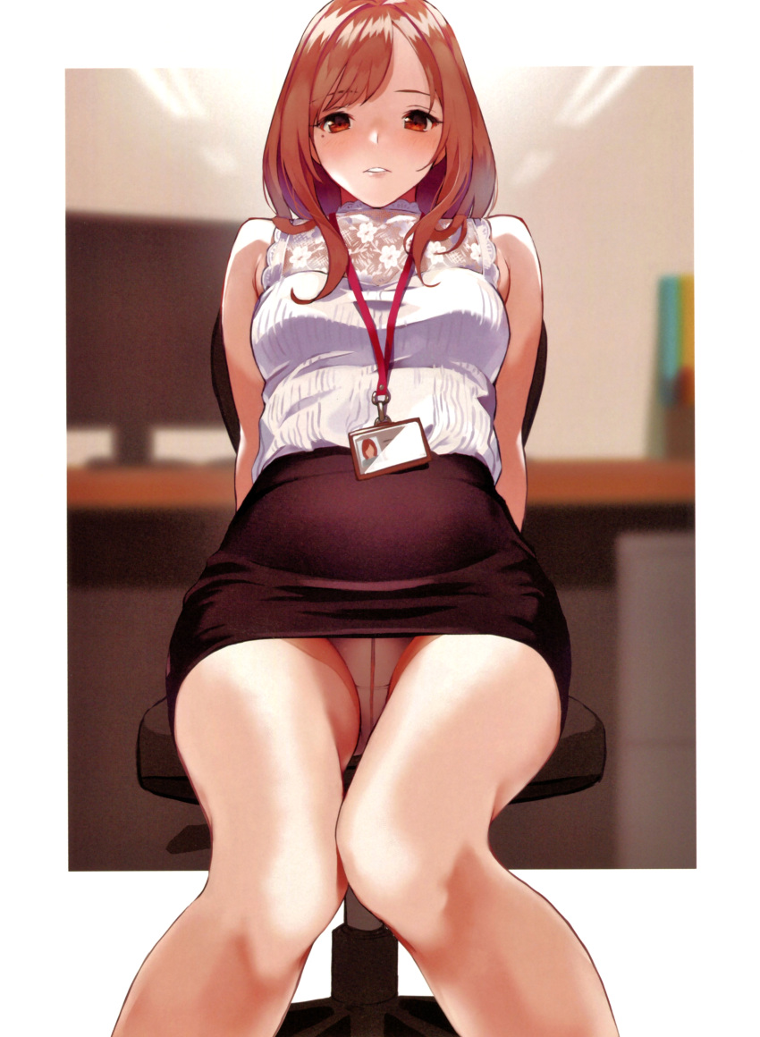 1girl absurdres bangs bare_shoulders black_skirt blurry blurry_background blush breasts chair doushimasho eyebrows_visible_through_hair highres indoors lips long_hair looking_at_viewer medium_breasts miniskirt mole mole_under_eye office_chair office_lady original panties pantyshot pantyshot_(sitting) parted_lips pencil_skirt scan shiny shiny_hair simple_background sitting skirt solo underwear white_panties