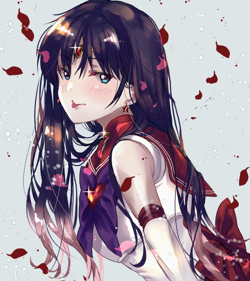 1girl absurdres back_bow bishoujo_senshi_sailor_moon black_hair blue_eyes blush bow closed_mouth collared_shirt elbow_gloves gloves grey_background hatigatunoneko highres long_hair looking_at_viewer purple_neckwear red_bow red_sailor_collar sailor_collar sailor_mars sailor_senshi_uniform sailor_shirt shiny shiny_hair shirt sleeveless sleeveless_shirt solo sparkle tongue tongue_out upper_body white_gloves white_shirt