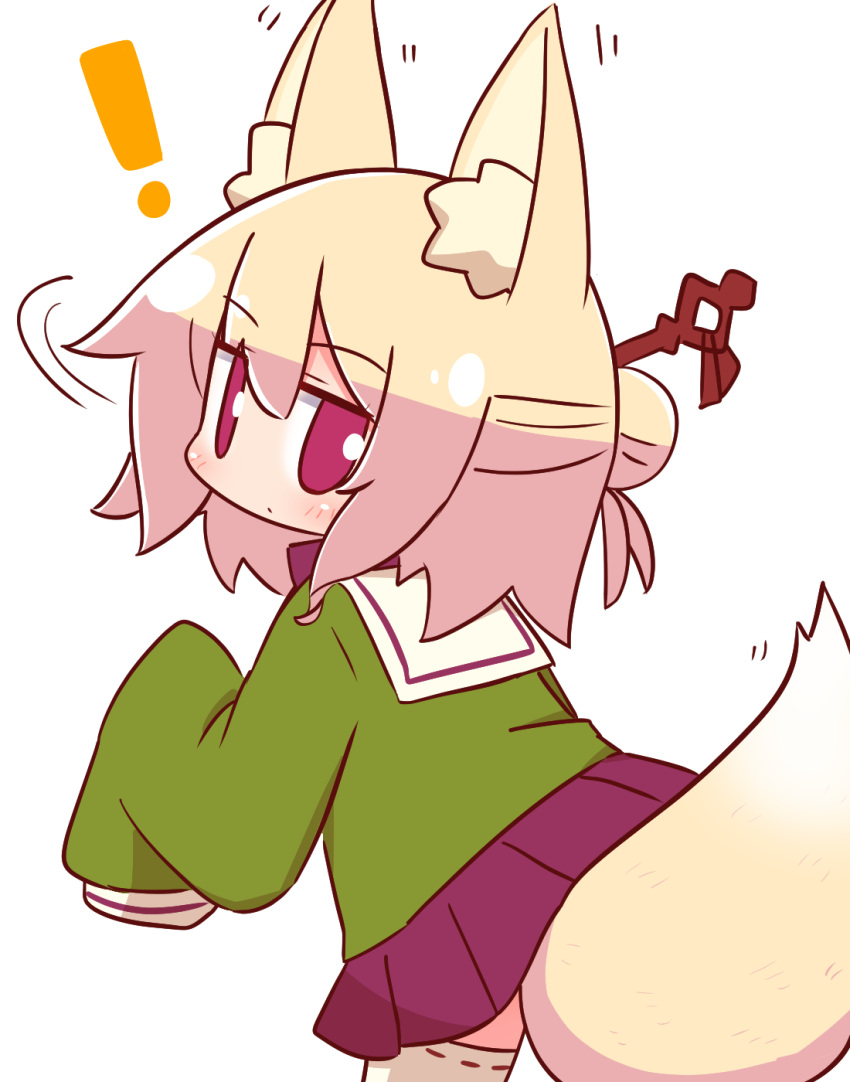 ! 1girl animal_ear_fluff animal_ears bangs blonde_hair blush closed_mouth commentary_request eyebrows_visible_through_hair fox_ears fox_girl fox_tail green_shirt hair_between_eyes hair_bun hair_ornament highres kemomimi-chan_(naga_u) long_hair long_sleeves looking_at_viewer looking_back motion_lines naga_u original pleated_skirt purple_skirt red_eyes ribbon-trimmed_legwear ribbon_trim sailor_collar shirt simple_background skirt sleeves_past_fingers sleeves_past_wrists solo tail tail_raised thigh-highs white_background white_legwear white_sailor_collar