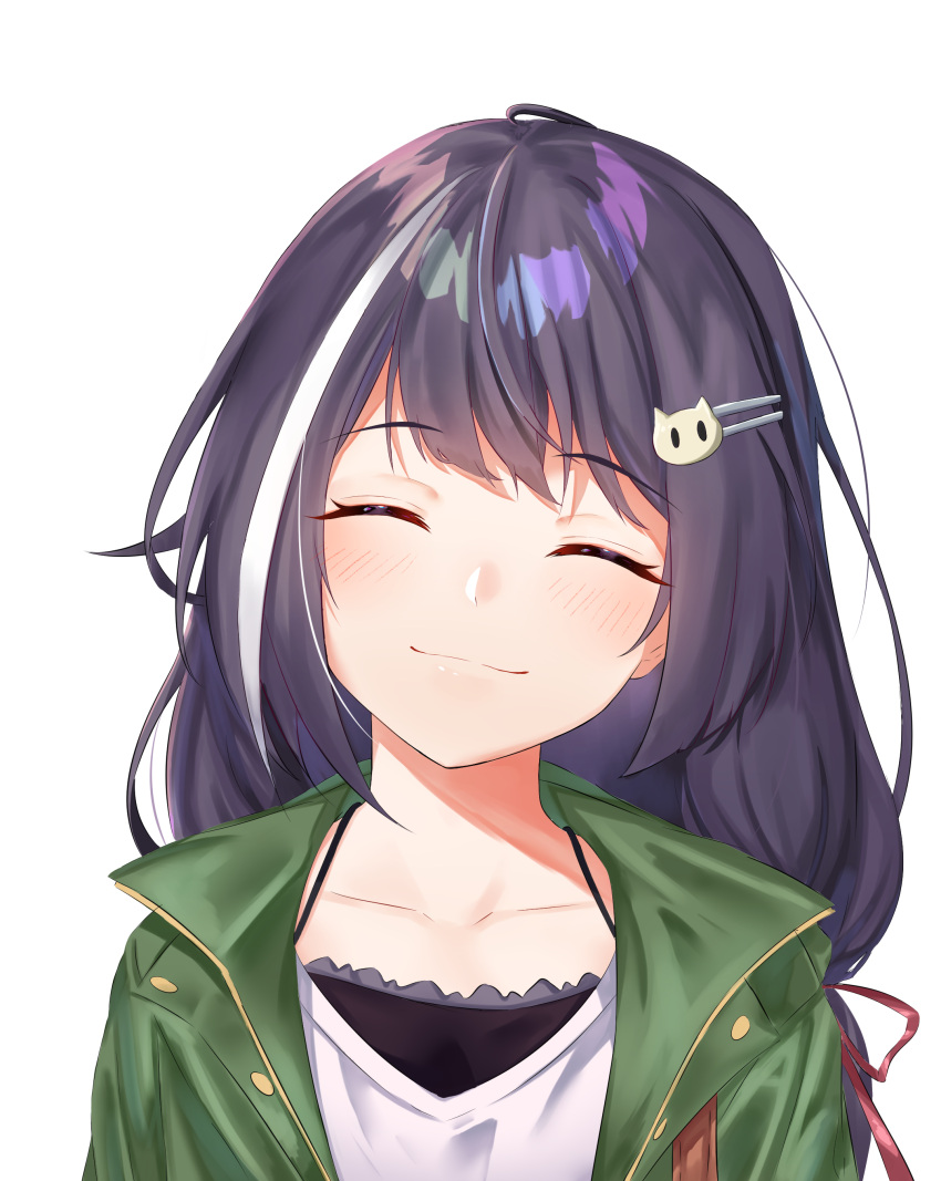 1girl ^_^ absurdres bangs black_hair blush cat_hair_ornament closed_eyes closed_mouth collarbone commentary_request eyebrows_visible_through_hair facing_viewer green_jacket hair_ornament hairclip highres jacket kuki_panda_(wkdwnsgk13) kyaru_(princess_connect) long_hair multicolored_hair open_clothes open_jacket princess_connect! princess_connect!_re:dive shirt simple_background smile solo streaked_hair upper_body white_background white_hair white_shirt