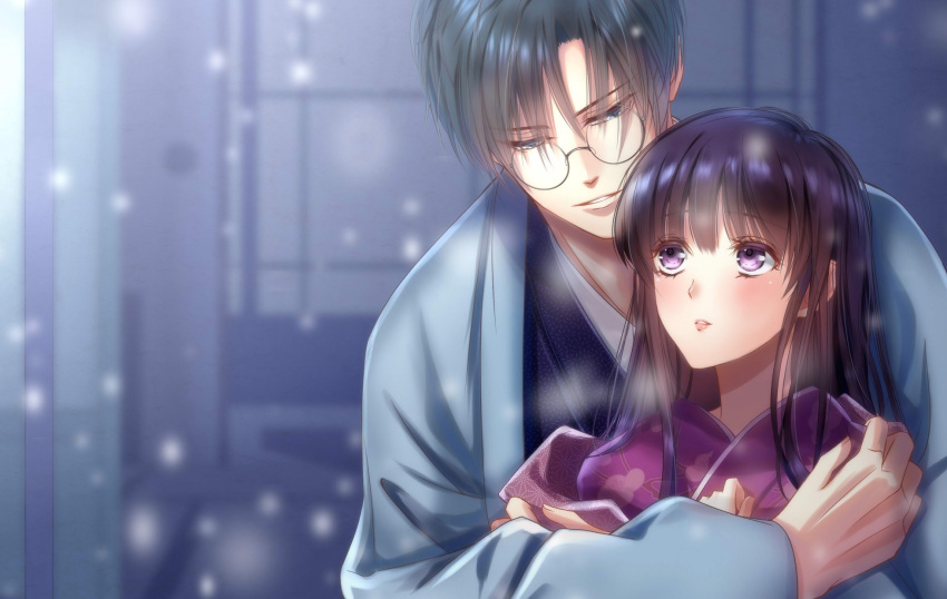 1boy 1girl black_hair blue_eyes blue_kimono blurry blurry_background glasses hetero highres hug hug_from_behind izumi_(stardustalone) japanese_clothes kimono long_hair looking_at_viewer parted_lips pink_kimono renri_no_chigiri_wo_kimi_to_shiru snowing standing violet_eyes