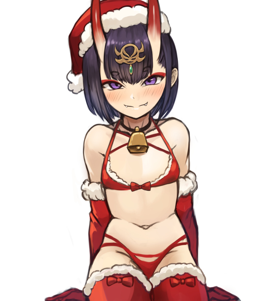 1girl absurdres bangs bell bell_choker bikini blush bob_cut breasts choker closed_mouth collarbone elbow_gloves eyeliner fangs fate/grand_order fate_(series) fur-trimmed_bikini fur-trimmed_gloves fur-trimmed_legwear fur_trim gloves hat headpiece highres horns looking_at_viewer makeup multi-strapped_bikini navel oni oni_horns purple_hair red_bikini red_gloves red_headwear red_legwear santa_bikini santa_hat short_eyebrows short_hair shuten_douji_(fate/grand_order) simple_background sitting skin-covered_horns small_breasts smile solo sookmo swimsuit violet_eyes wariza