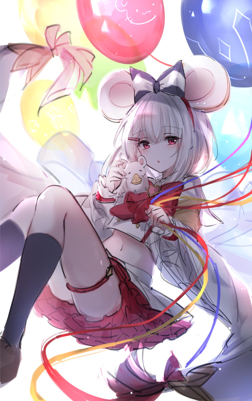 1girl :o absurdres animal animal_ears balloon black_legwear boo_1 brown_footwear cheese food granblue_fantasy hair_ornament hairclip highres holding holding_animal kneehighs looking_at_viewer mouse mouse_ears navel rat_ears red_eyes silver_hair skirt tagme vikala_(granblue_fantasy) white_background wide_sleeves