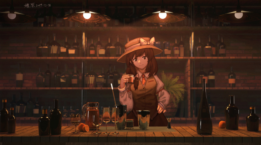 1girl alcohol bar bartender blurry bottle bow brown_eyes brown_hair brown_headwear brown_skirt brown_vest ceiling_light collared_shirt commentary_request counter cup dark depth_of_field drinking_glass food fruit furahata_gen hair_ribbon hand_on_hip hat hat_bow highres holding indoors jug lamp letterboxed long_sleeves looking_at_viewer necktie orange plant potted_plant red_neckwear ribbon shirt skirt skirt_set smile tablecloth touhou tress_ribbon usami_renko vest white_bow white_shirt wine wine_bottle wine_glass