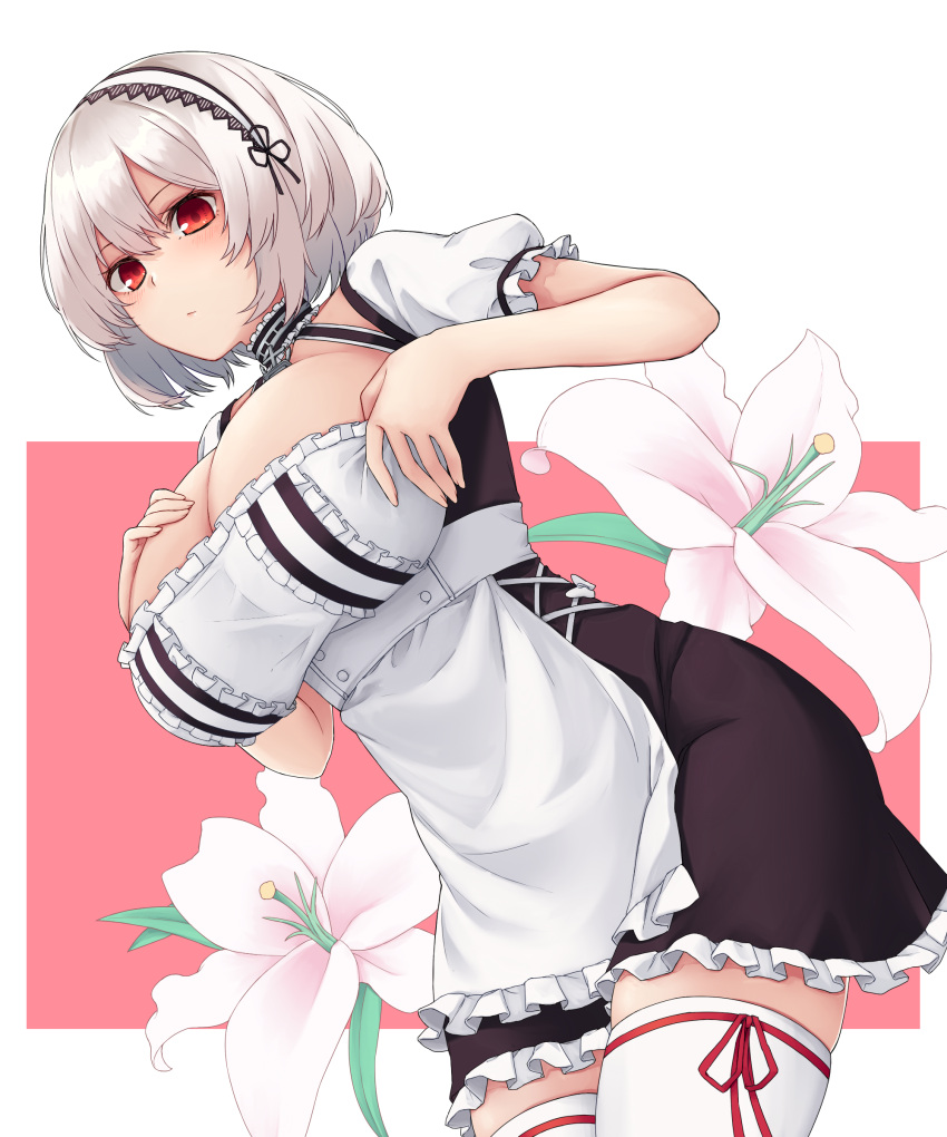 1girl absurdres adjusting_clothes anchor_choker apron azur_lane bangs black_dress blush breasts choker closed_mouth dress eyebrows_visible_through_hair floral_background frilled_apron frilled_choker frills from_below hair_between_eyes hair_intakes hand_on_own_chest hands_up highres lace-trimmed_hairband leaning_forward lips namec0 petticoat pink_background puffy_short_sleeves puffy_sleeves red_eyes ribbon-trimmed_legwear ribbon_trim short_sleeves sirius_(azur_lane) solo thigh-highs thighs two-tone_background two-tone_dress waist_apron white_apron white_background white_dress white_hair white_legwear