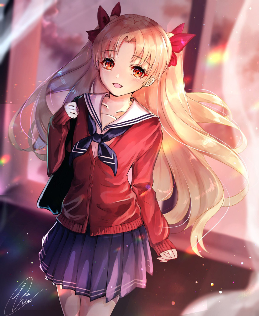 1girl :d bangs black_neckwear blonde_hair blue_skirt blurry blurry_background blush bow chiachun0621 collarbone collared_shirt cowboy_shot curtains ereshkigal_(fate/grand_order) eyebrows_visible_through_hair fate/grand_order fate_(series) floating_hair hair_bow hair_intakes highres long_hair long_sleeves looking_at_viewer miniskirt open_mouth open_window pleated_skirt red_bow red_cardigan red_eyes sailor_collar sailor_shirt school_uniform shiny shiny_hair shirt signature skirt smile solo standing very_long_hair white_sailor_collar white_shirt window