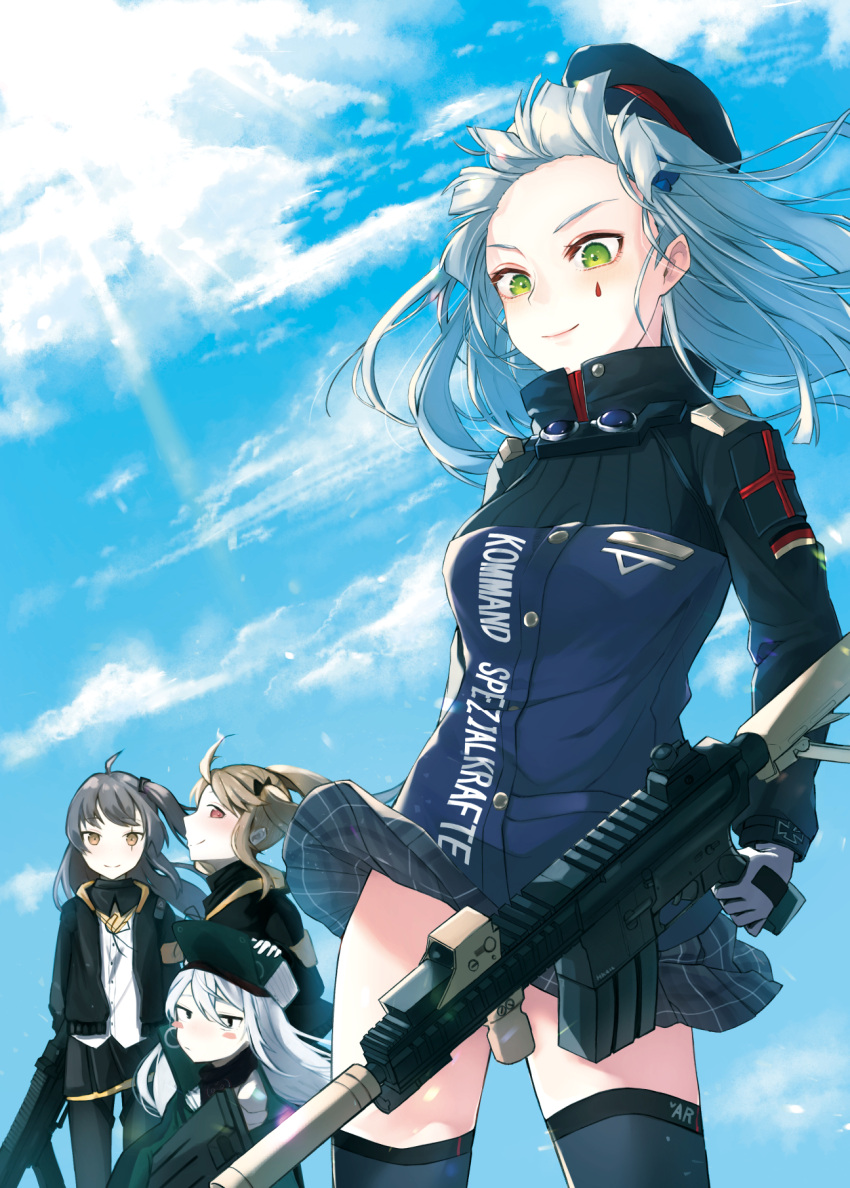 404_(girls_frontline) 4girls assault_rifle bangs beret black_legwear blush brown_eyes brown_hair bullpup clothes_writing day eyebrows_visible_through_hair fingerless_gloves floating_hair g11_(girls_frontline) girls_frontline gloves green_eyes grey_hair gun h&amp;k_g11 h&amp;k_hk416 hair_between_eyes hair_ornament hat heckler_&amp;_koch highres hk416_(girls_frontline) holding holding_gun holding_weapon jacket long_hair looking_at_viewer multiple_girls one_side_up open_clothes outdoors pantyhose plaid plaid_skirt rifle sakana-ko scar scar_across_eye shirt silver_hair skirt skirt_lift smile thigh-highs thighs twintails ump45_(girls_frontline) ump9_(girls_frontline) very_long_hair weapon white_shirt wind