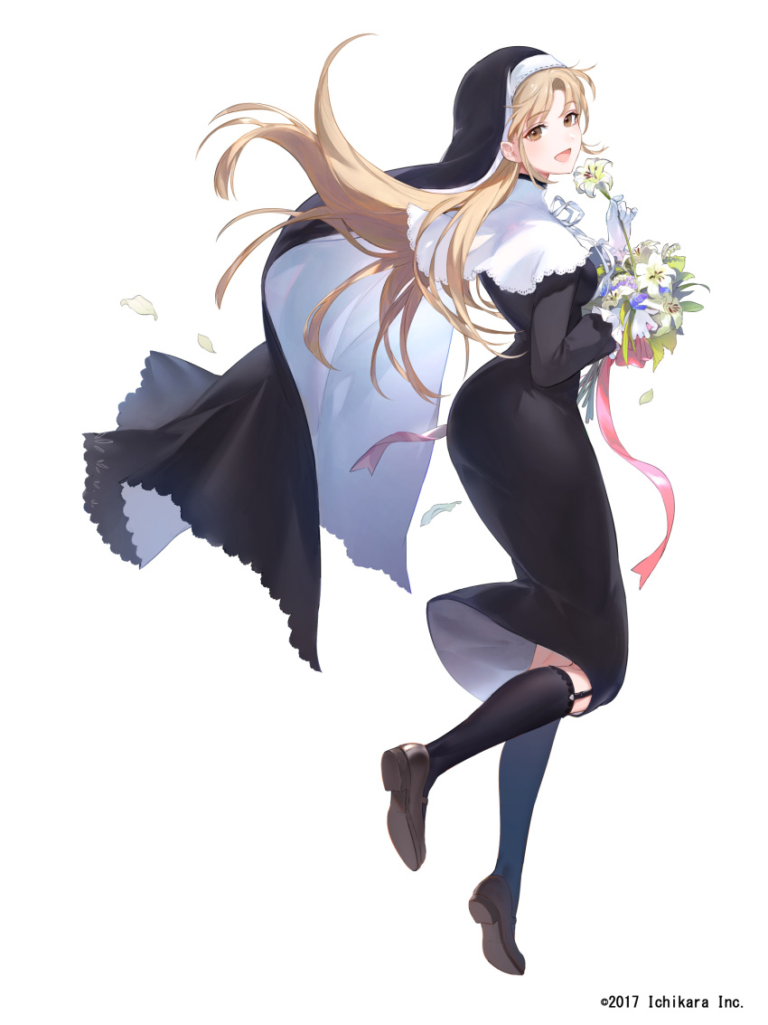 1girl bangs black_dress black_legwear blush brown_eyes brown_footwear brown_hair dress eyebrows_visible_through_hair flower from_behind from_side full_body garter_straps gloves habit highres holding holding_flower hoojiro light_brown_hair long_hair long_sleeves looking_at_viewer nijisanji nun official_art open_mouth simple_background sister_cleaire smile solo very_long_hair virtual_youtuber watermark white_background white_flower white_gloves