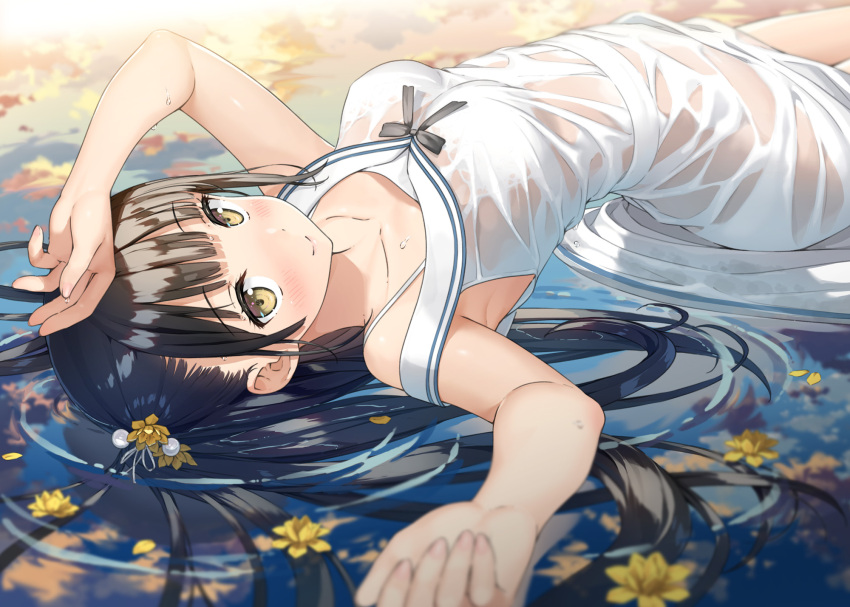 1girl arched_back arm_up bangs bare_arms bare_shoulders black_hair blunt_bangs blush bra breasts closed_mouth collarbone commentary_request dress eyebrows_visible_through_hair flower hair_flower hair_ornament hand_on_own_head highres kantoku long_hair nagisa_(kantoku) original petals ripples see-through shallow_water sleeveless sleeveless_dress small_breasts smile solo underwear very_long_hair wet wet_clothes wet_dress white_bra white_dress yellow_eyes yellow_flower