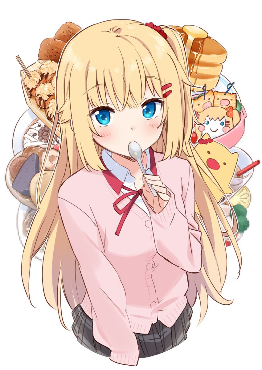 1girl absurdres akai_haato bangs blonde_hair blue_eyes blush buttons cardigan collared_shirt commentary_request cookie croquette eyebrows_visible_through_hair food grey_skirt haaton_(haato_channel) hair_ornament hairclip highres holding holding_spoon hololive long_hair long_sleeves looking_at_viewer mousou_(mousou_temporary) neck_ribbon one_side_up pancake pink_cardigan pleated_skirt red_ribbon ribbon shirt simple_background skirt sleeves_past_wrists solo spoon sweets takoyaki virtual_youtuber white_background