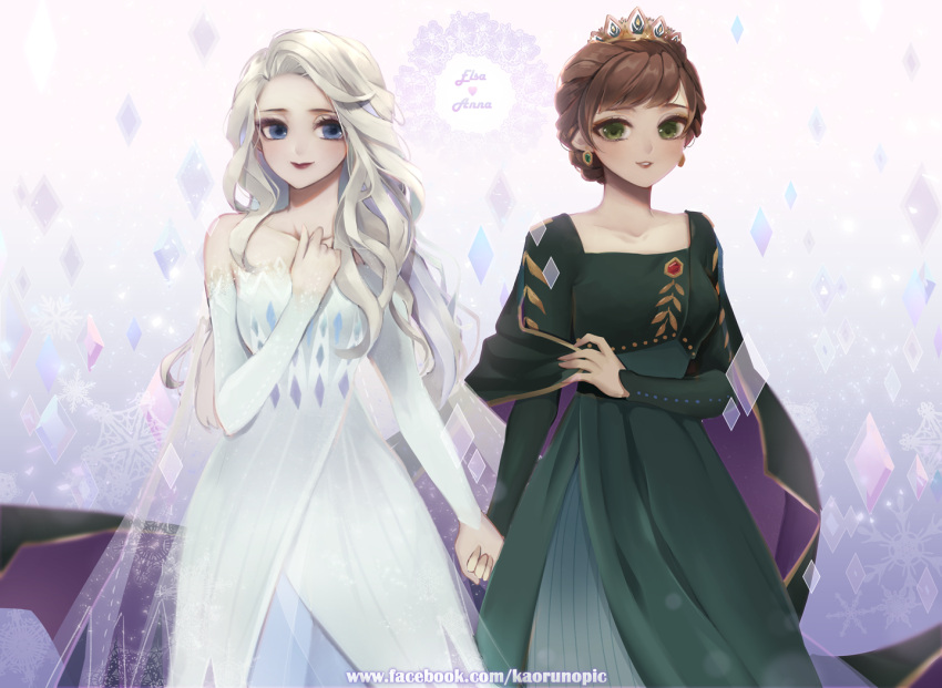 2girls anna_(frozen) atobesakunolove bangs blonde_hair blue_eyes braid breasts cape character_name closed_mouth diamond_(shape) dress earrings elsa_(frozen) eyelashes feet_out_of_frame frozen_(disney) frozen_ii_(disney) green_dress green_eyes holding_hands jewelry long_hair long_sleeves multiple_girls off-shoulder_dress off_shoulder parted_lips red_lips see-through siblings side-by-side sisters smile snowflakes standing swept_bangs tiara wavy_hair white_dress white_hair