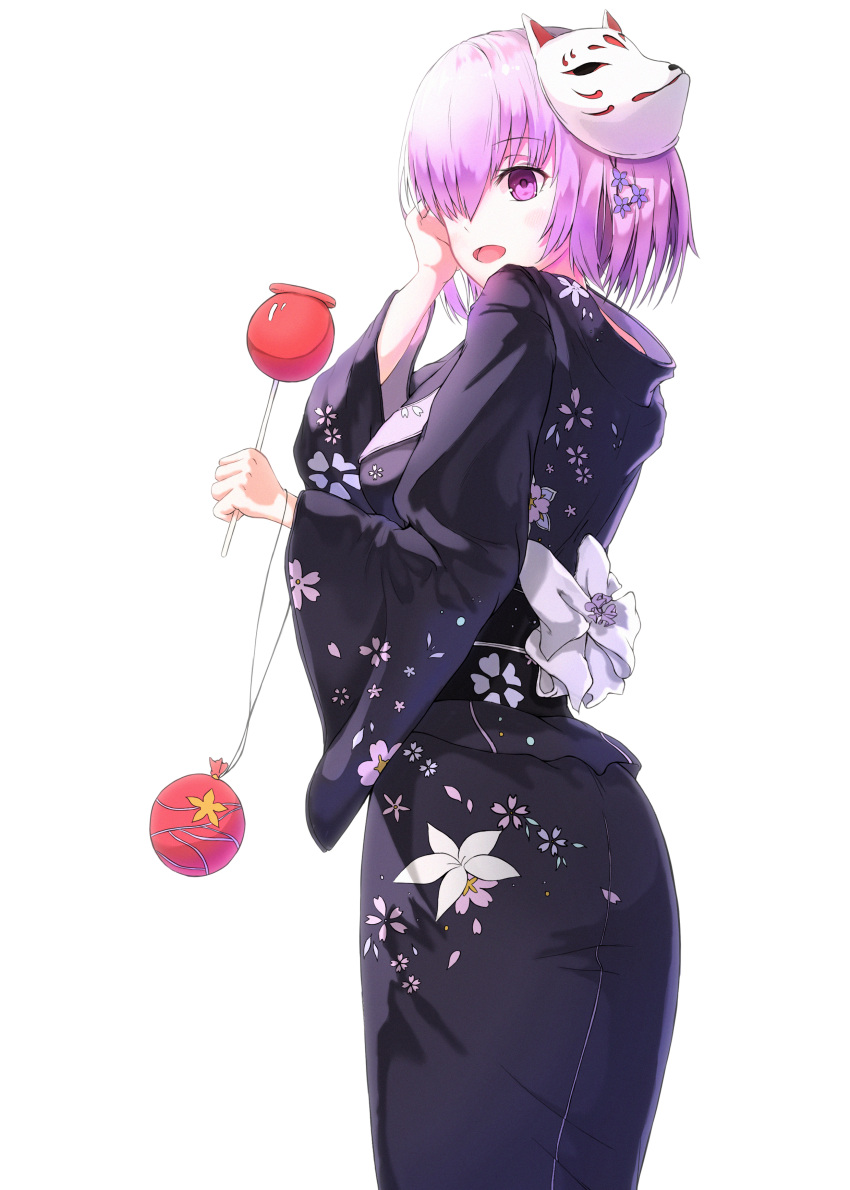1girl absurdres back_bow bangs black_kimono bow eyebrows_visible_through_hair fate/grand_order fate_(series) floral_print fox_mask from_side hair_over_one_eye highres holding japanese_clothes kimono mash_kyrielight mask mask_on_head neon_(hhs9444) print_kimono purple_hair short_hair simple_background solo standing violet_eyes white_background white_bow yukata