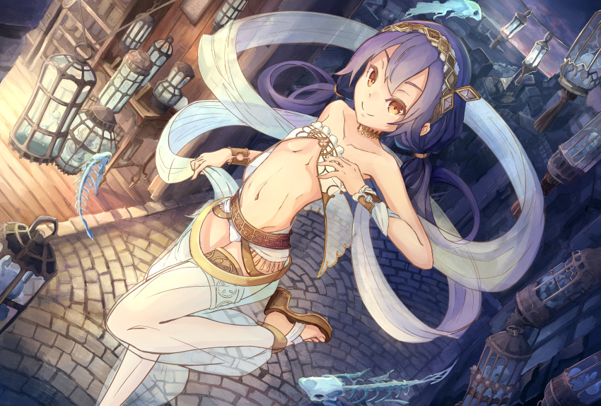 1girl absurdres bracelet breasts choker cobblestone collarbone commentary_request dancer fish fish_bone hairband harem_pants highres huge_filesize jewelry lantern long_hair looking_at_viewer low_twintails navel night orange_eyes original pants purple_hair rene sandals see-through small_breasts smile solo thighlet twintails