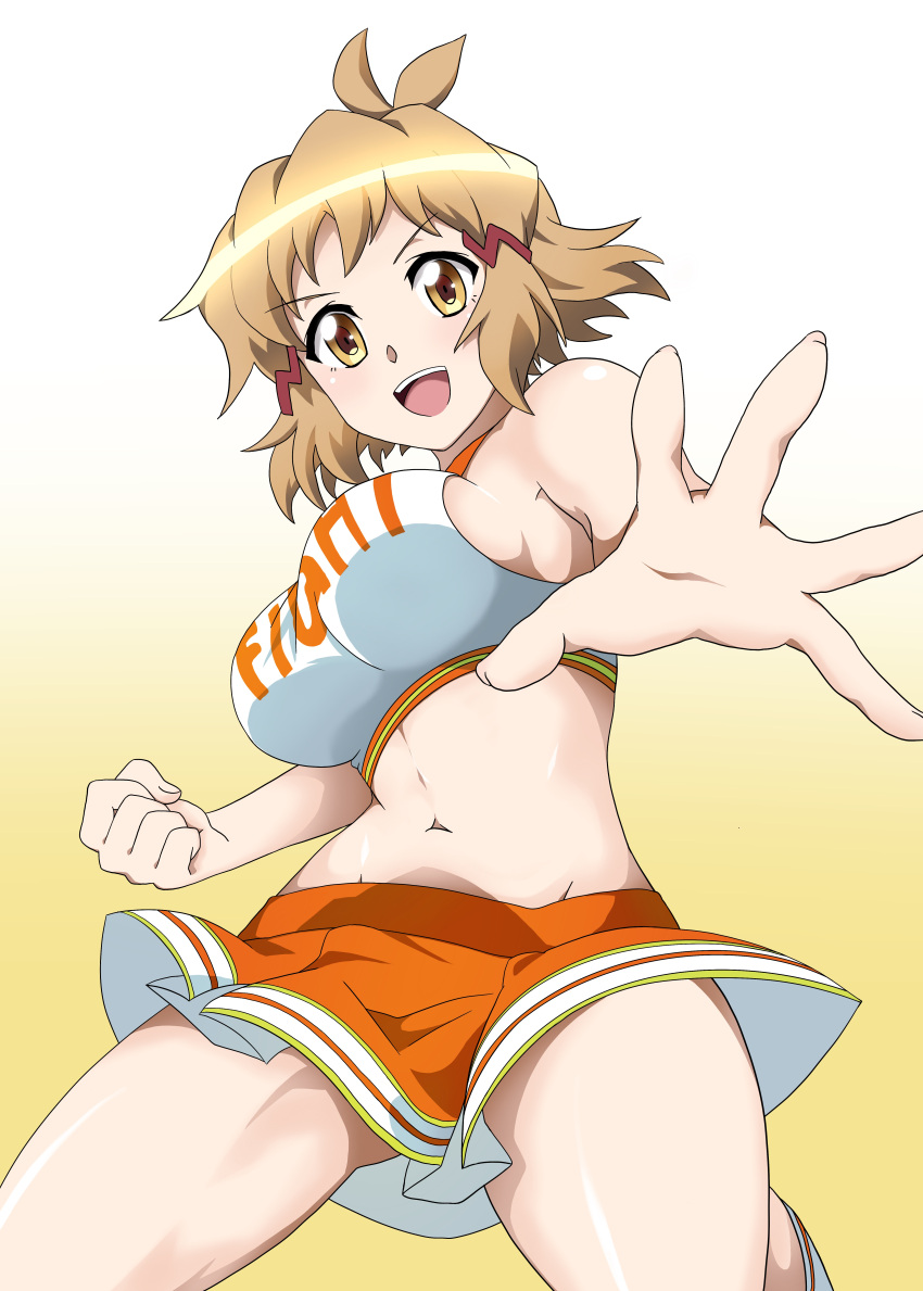 1girl :d absurdres breasts brown_eyes brown_hair cheerleader clenched_hand emmxd325 gradient gradient_background hair_ornament hairclip highres large_breasts looking_at_viewer midriff navel open_mouth orange_skirt senki_zesshou_symphogear short_hair sideboob skirt smile solo tachibana_hibiki_(symphogear) yellow_background