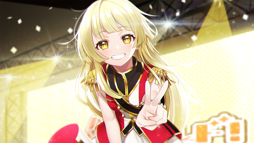 1girl band_uniform bang_dream! bangs blonde_hair blunt_bangs blurry blurry_background depth_of_field dot_nose english_commentary epaulettes eyebrows_visible_through_hair gold_trim grin hello_happy_world! highres leaning_forward light_blush light_particles long_hair looking_at_viewer outstretched_arm sleeveless smile solo sparkle stage stage_lights the_cold tsurumaki_kokoro upper_body v yellow_eyes