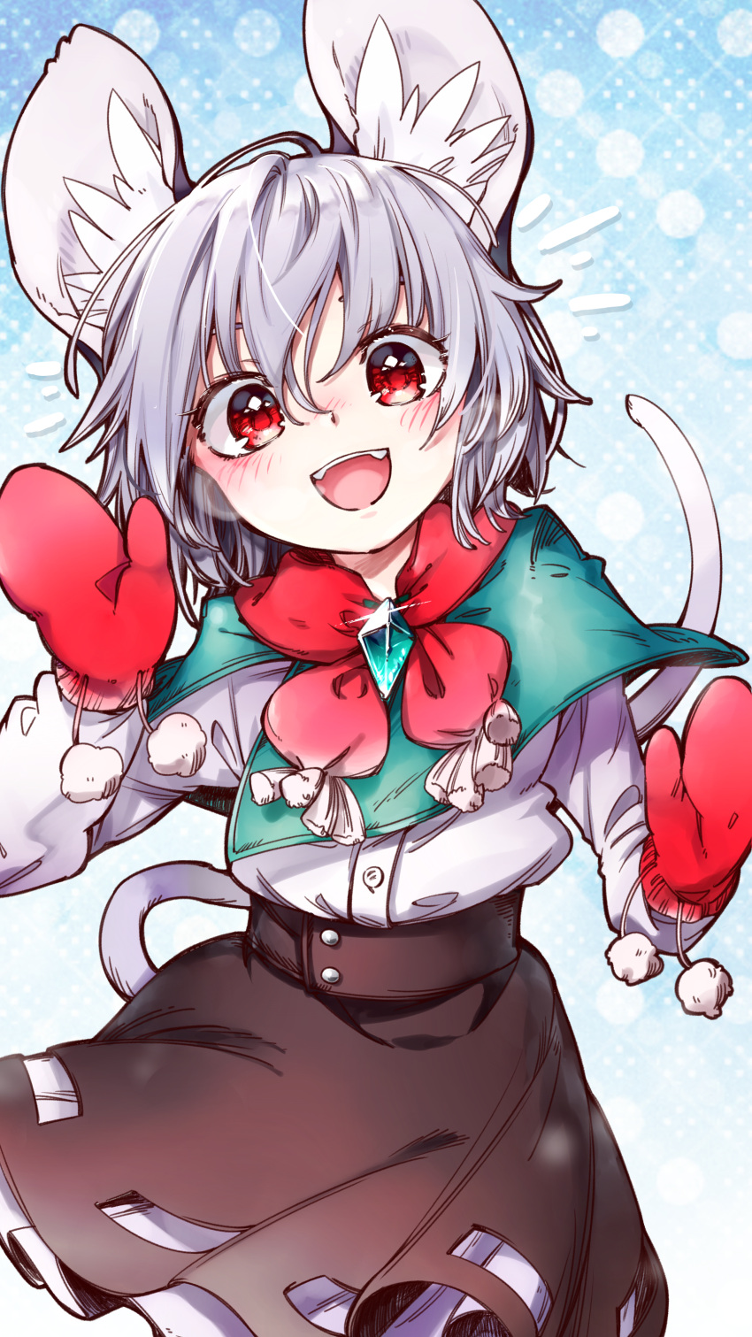 1girl absurdres animal_ears bangs blush capelet gloves grey_hair grey_skirt hand_up highres jewelry kibayashi_kimori layered_clothing long_sleeves looking_at_viewer mouse mouse_ears mouse_tail nazrin open_mouth pendant polka_dot polka_dot_background pom_pom_(clothes) red_eyes red_gloves red_neckwear scarf shirt short_hair skirt smile solo tail touhou upper_teeth white_shirt