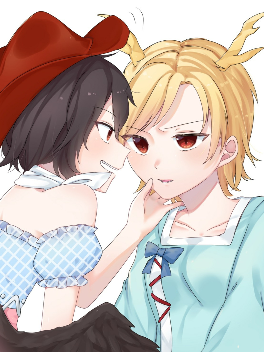 2girls :d bangs black_hair black_wings blonde_hair blue_bow blue_shirt blue_sleeves bow breasts chin_grab collarbone cowboy_hat detached_sleeves dragon_horns eringi_(rmrafrn) eye_contact eyebrows_visible_through_hair feathered_wings hat highres horns kicchou_yachie kurokoma_saki long_sleeves looking_at_another multiple_girls open_mouth parted_lips profile puffy_short_sleeves puffy_sleeves red_eyes red_headwear shirt short_hair short_sleeves simple_background small_breasts smile strapless touhou upper_body v-shaped_eyebrows white_background wings yuri