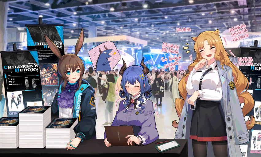 3girls :d ^_^ amiya_(arknights) anger_vein angry animal_ears aqua_eyes arknights arm_under_breasts ascot black_legwear blue_hair blush breasts brown_hair ch'en_(arknights) closed_eyes double_bun douwo_mkd english_text fang full-face_blush highres horns indoors jacket_on_shoulders large_breasts laughing long_sleeves manga_(object) multiple_girls open_mouth orange_hair pantyhose sitting skirt smile standing swire_(arknights) trembling