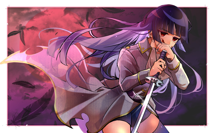 1girl absurdres bangs black_feathers blood blood_on_face blue_legwear blue_shorts blunt_bangs bouquetforangel cowboy_shot eyebrows_visible_through_hair floating_hair gintama grey_coat grey_neckwear hand_on_hilt highres holding holding_sword holding_weapon imai_nobume katana leaning_forward long_hair long_sleeves purple_hair red_eyes shiny shiny_hair short_shorts shorts solo standing sword thigh-highs torn_coat very_long_hair weapon zettai_ryouiki