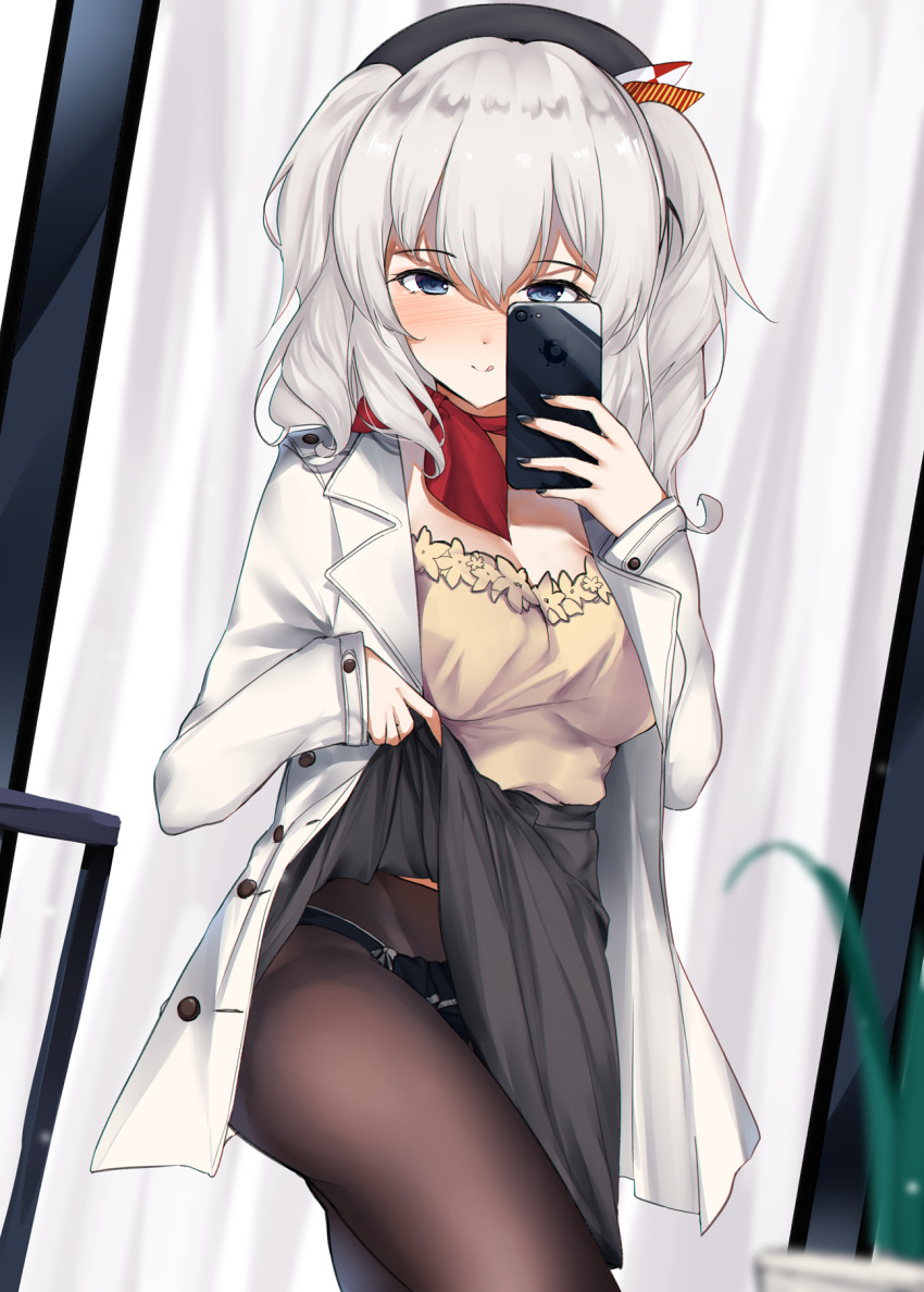 1girl :q alternate_costume bangs beret black_legwear black_nails black_panties blouse blue_eyes blush breasts casual cellphone grey_skirt hat highres holding holding_phone jacket kagura_miyabi kantai_collection kashima_(kantai_collection) large_breasts lifted_by_self long_hair long_sleeves looking_at_viewer open_clothes open_jacket panties pantyhose phone red_scarf scarf sidelocks silver_hair skirt skirt_lift smartphone smile solo standing tongue tongue_out tsurime twintails underwear wavy_hair white_jacket yellow_blouse