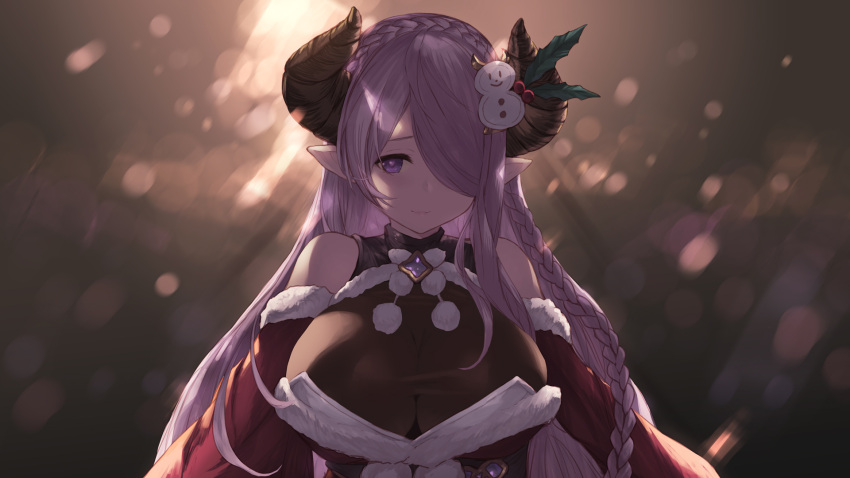 1girl backlighting bare_shoulders blush braid breasts cait closed_mouth commentary_request crown_braid detached_sleeves draph fur-trimmed_sleeves fur_trim granblue_fantasy hair_over_one_eye highres holly horns large_breasts long_hair narmaya_(granblue_fantasy) pink_hair pointy_ears pom_pom_(clothes) santa_costume side_braid smile snowman_hair_ornament solo upper_body very_long_hair violet_eyes